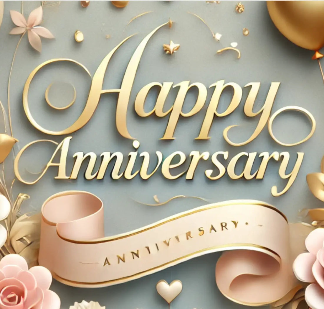 elegant happy anniversary greeting with gold text, ribbon, roses, and balloons on a pastel background