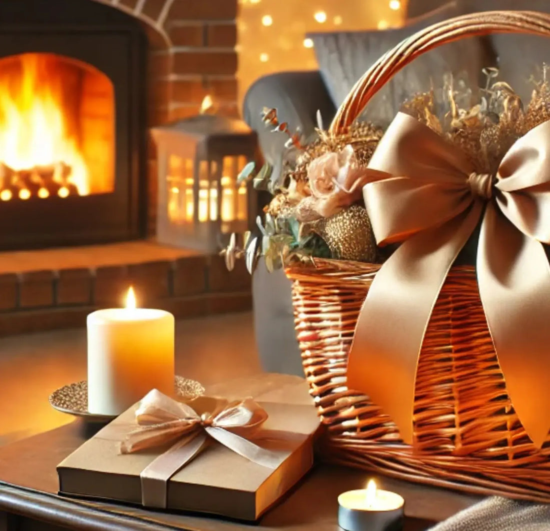 Elegant housewarming gift basket with golden ribbon, surrounded by candles and a wrapped gift box, placed in a cozy living room with a lit fireplace in the background.