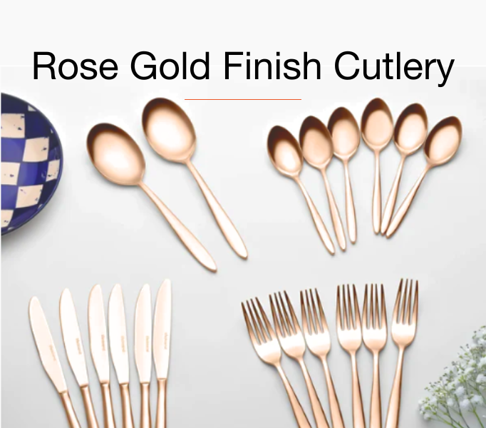 Rose gold and silver stainless steel cutlery for Dhanteras gifting by BlackCarrot — symbolizing prosperity, purity, and luxury with 304 food-grade craftsmanship.