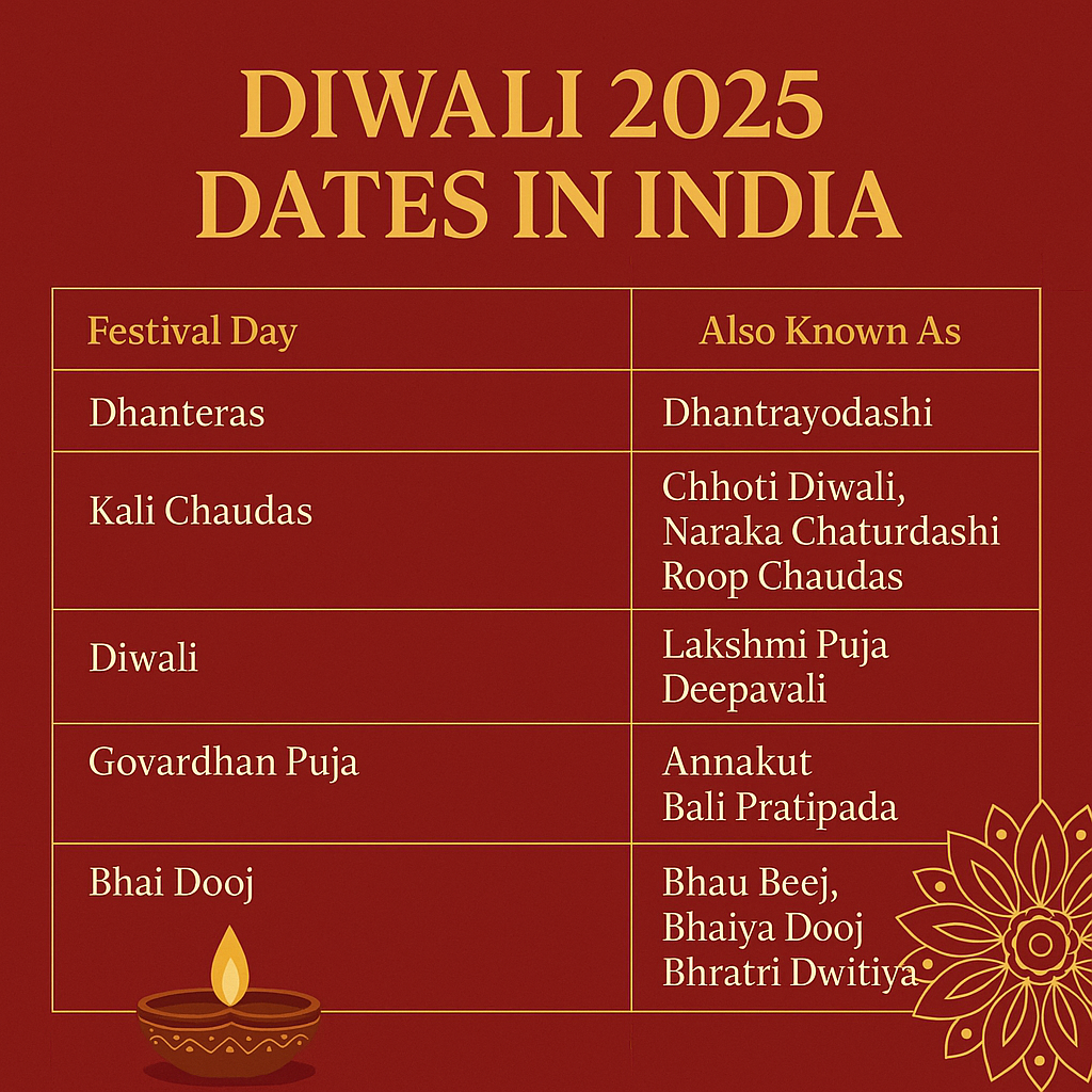 Diwali 2025 Dates in India infographic with only Festival Day and Also Known As columns, featuring Dhanteras, Chhoti Diwali, Diwali, Govardhan Puja, and Bhai Dooj on a red and gold festive background with diya and rangoli accents