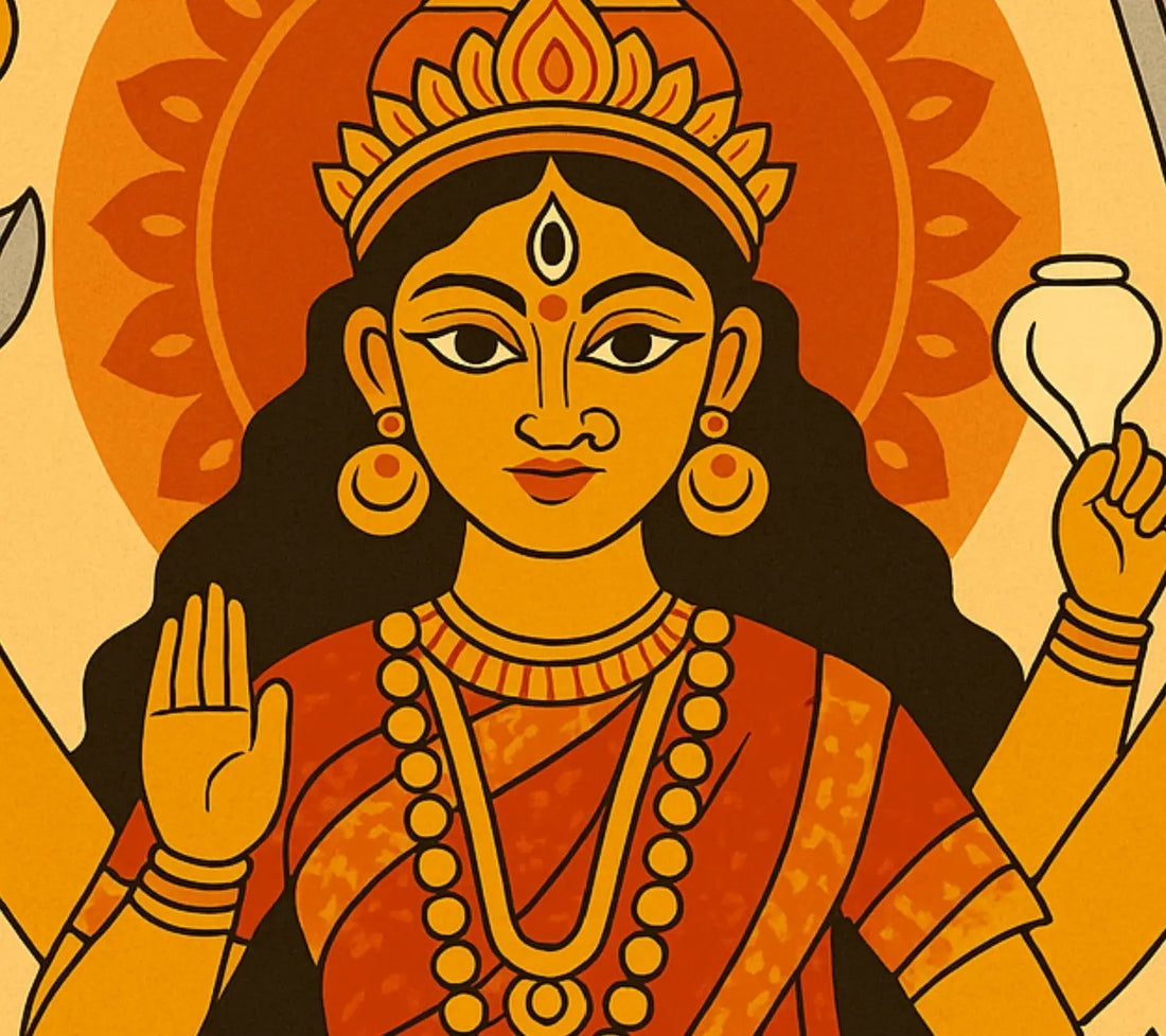 Illustration of Goddess Durga in a traditional Indian art style, depicted with four arms holding divine symbols and dressed in a red sari with a radiant halo in the background, symbolizing power and protection.