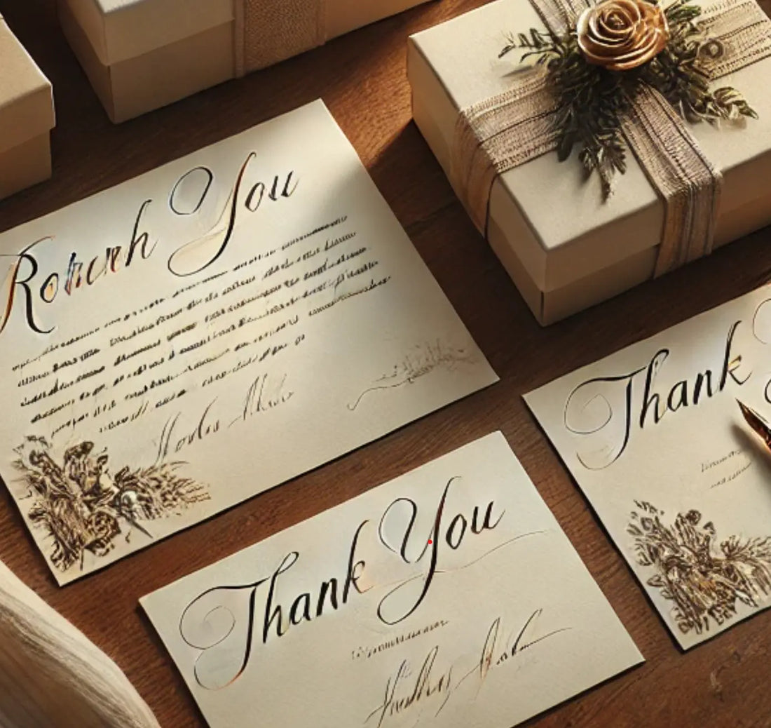 elegant thank you cards and return gift boxes with rustic wrapping on wooden table