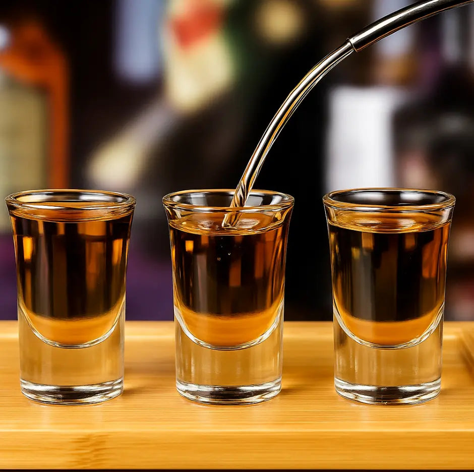 shot glass, whiskey pour, barware, golden liquor, party drinks, glassware, alcohol, modern bar setup, wooden tray, lead-free glass