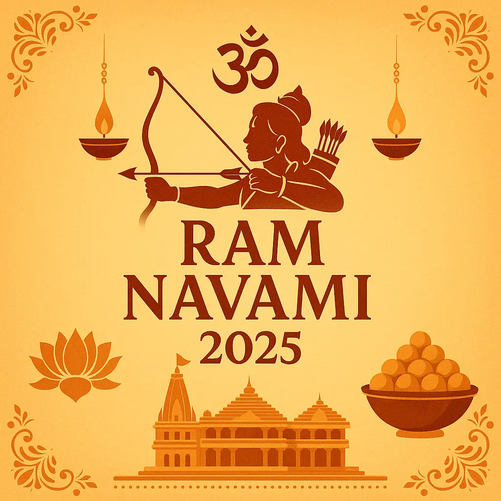 digital illustration of Ram Navami 2025 featuring Lord Rama silhouette, Om symbol, Ayodhya temple, diyas, lotus, and laddus on a golden background