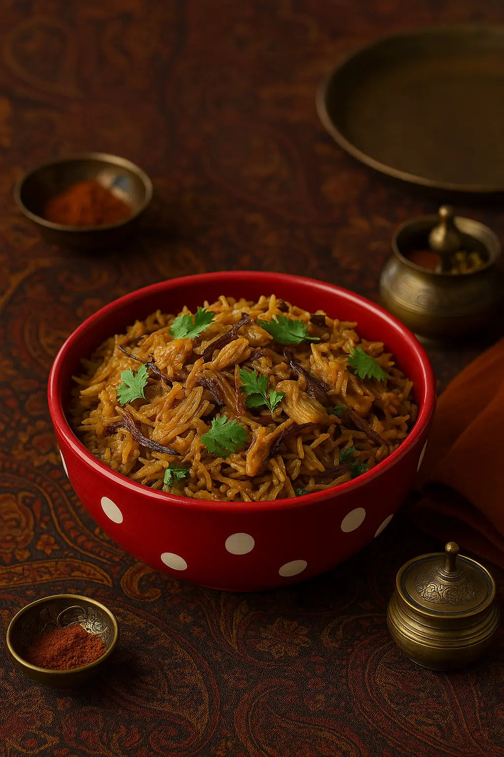 Jackfruit biryani served in a BlackCarrot Blue Splash bowl with Indian rustic decor