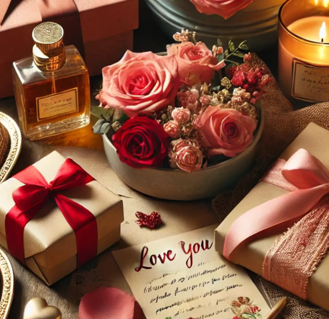 romantic flatlay with roses in a bowl, perfume bottle, wrapped gifts with red and pink ribbons, candle, and a handwritten love note