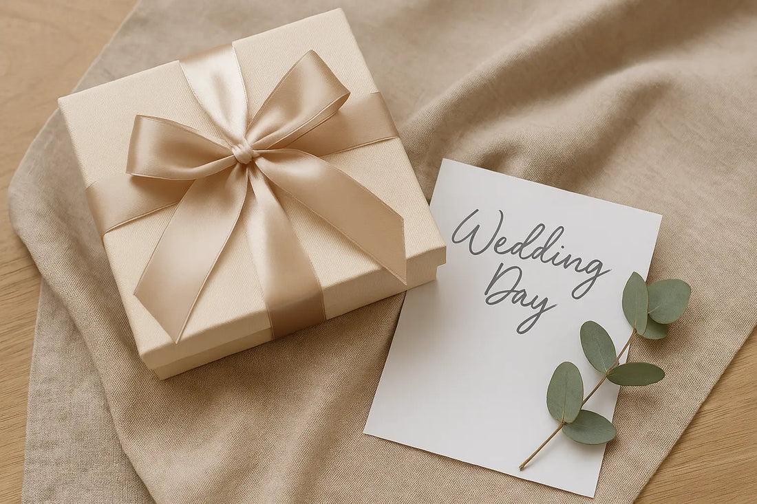 wedding gift box, beige ribbon present, wedding day card, elegant gift wrapping, modern wedding flatlay, minimal wedding aesthetic, eucalyptus decor, special occasion gifting
