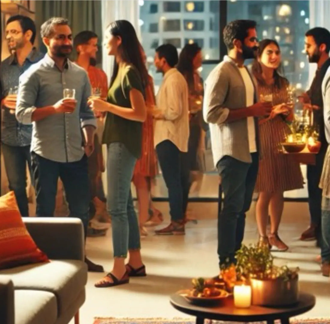 group of young adults socializing at a modern indoor house party with drinks and warm lighting