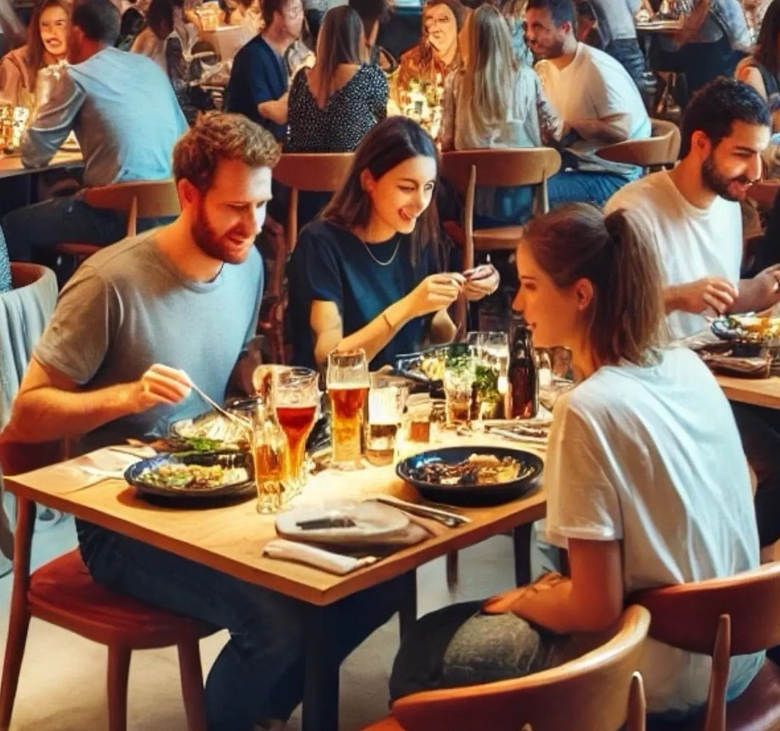 group of young adults enjoying food and drinks at a modern restaurant with a lively, ambient atmosphere
