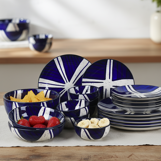 21 Piece Ceramic Dinner Set | Premium Blue Splash Stoneware BlackCarrot