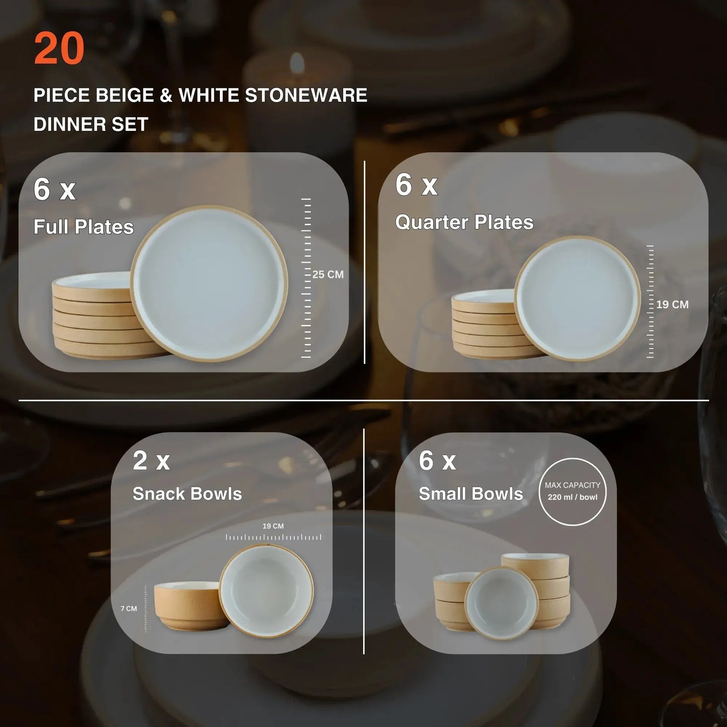 20 Piece Ceramic Dinner Set | Premium Beige & White Porcelain BlackCarrot
