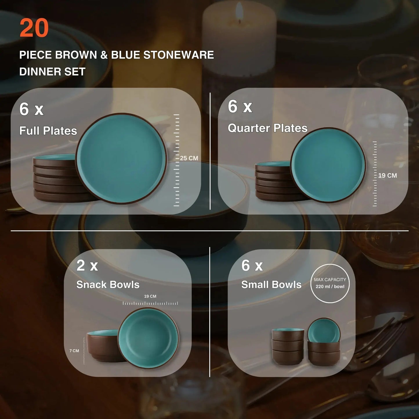 20 Piece Ceramic Dinner Set | Premium Brown and Turquoise BlackCarrot