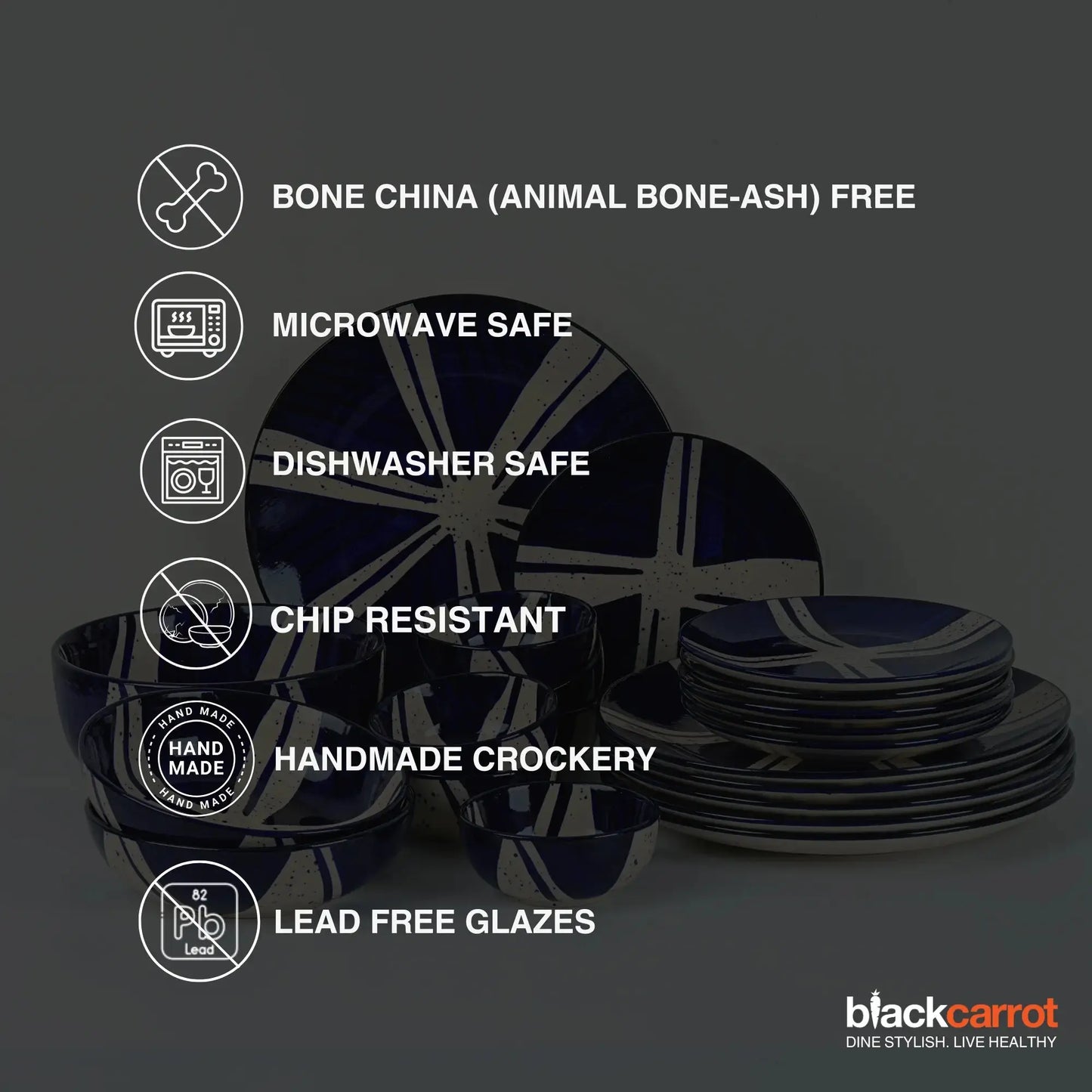 21 Piece Ceramic Dinner Set | Premium Blue Splash Stoneware BlackCarrot