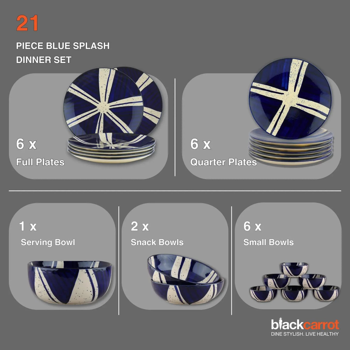 21 Piece Ceramic Dinner Set | Premium Blue Splash Stoneware BlackCarrot