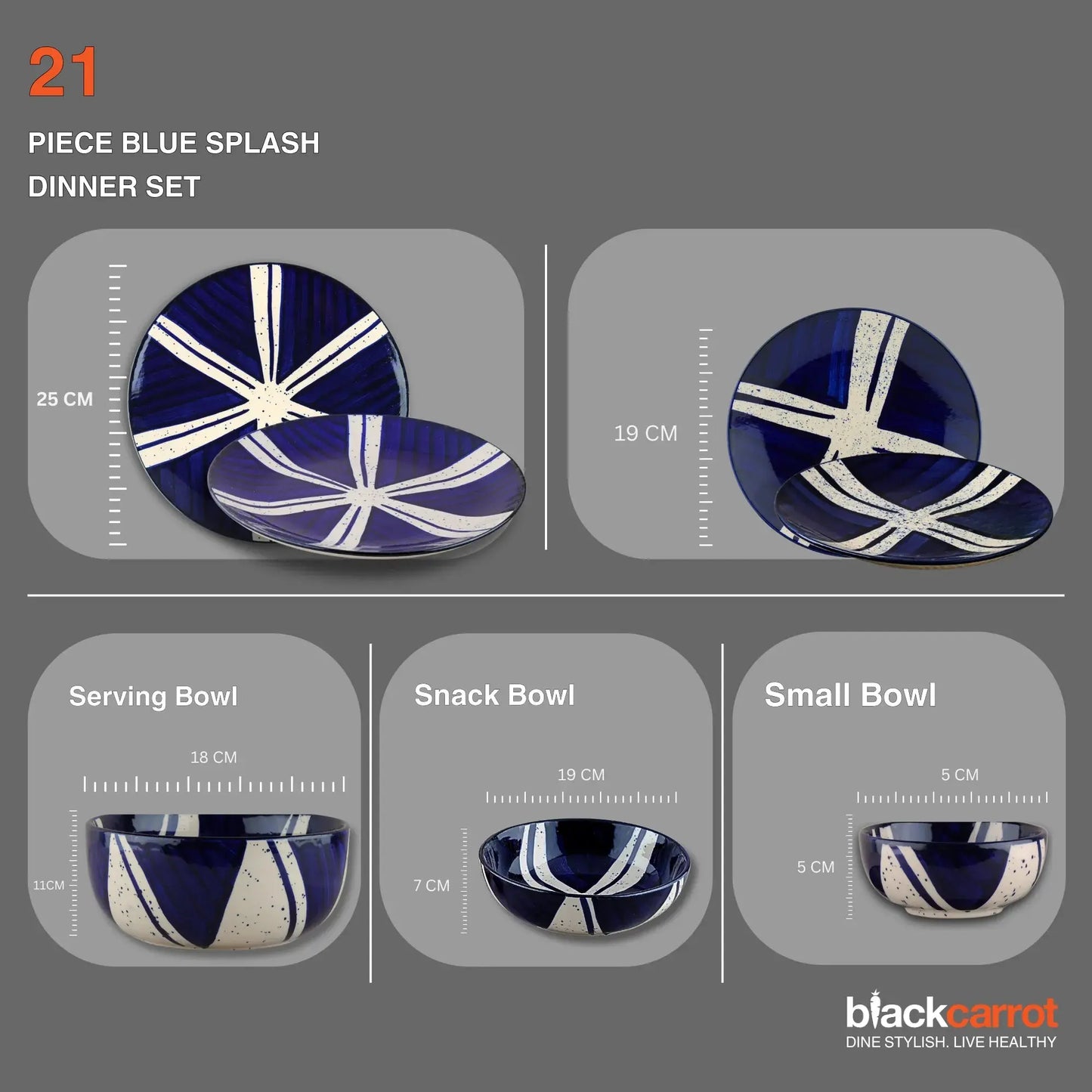 21 Piece Ceramic Dinner Set | Premium Blue Splash Stoneware BlackCarrot
