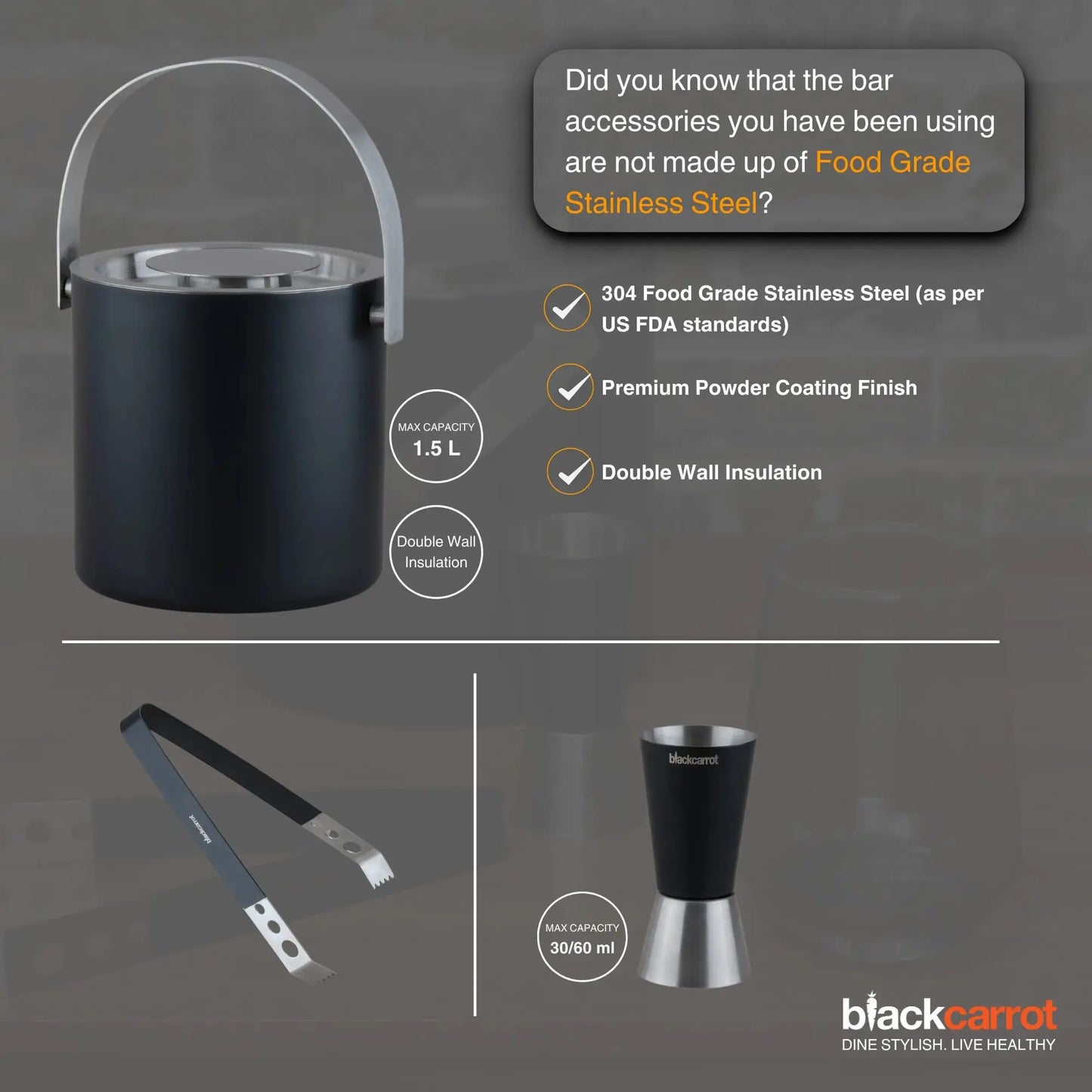 304 Grade Stainless Steel Black Bar Set of 3 BlackCarrot