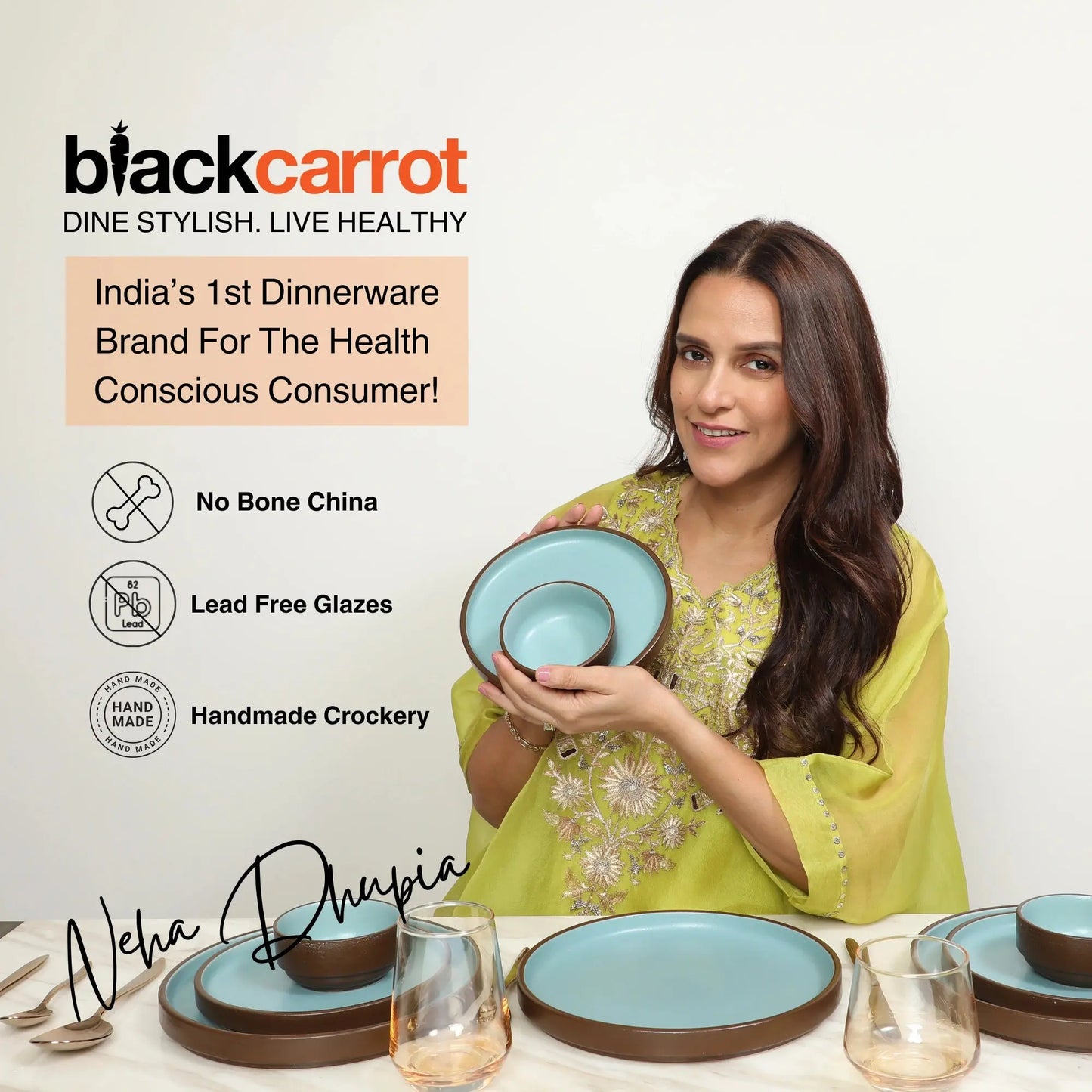 Black Carrot Brown & Blue Ceramic Dinner Plates Set of 6 BlackCarrot