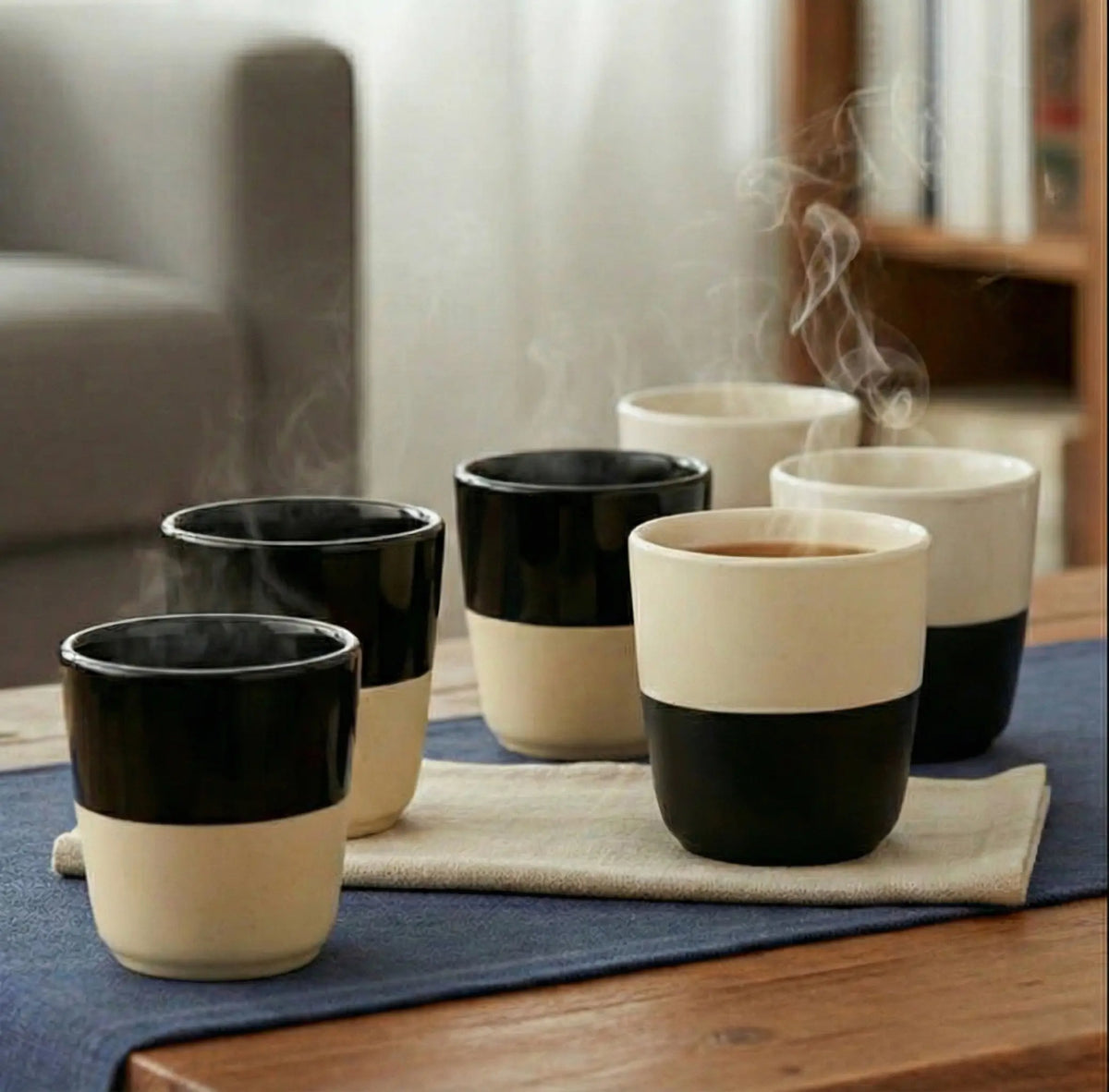 BlackCarrot Black and White Ceramic Kulhad Cups, Set of 6