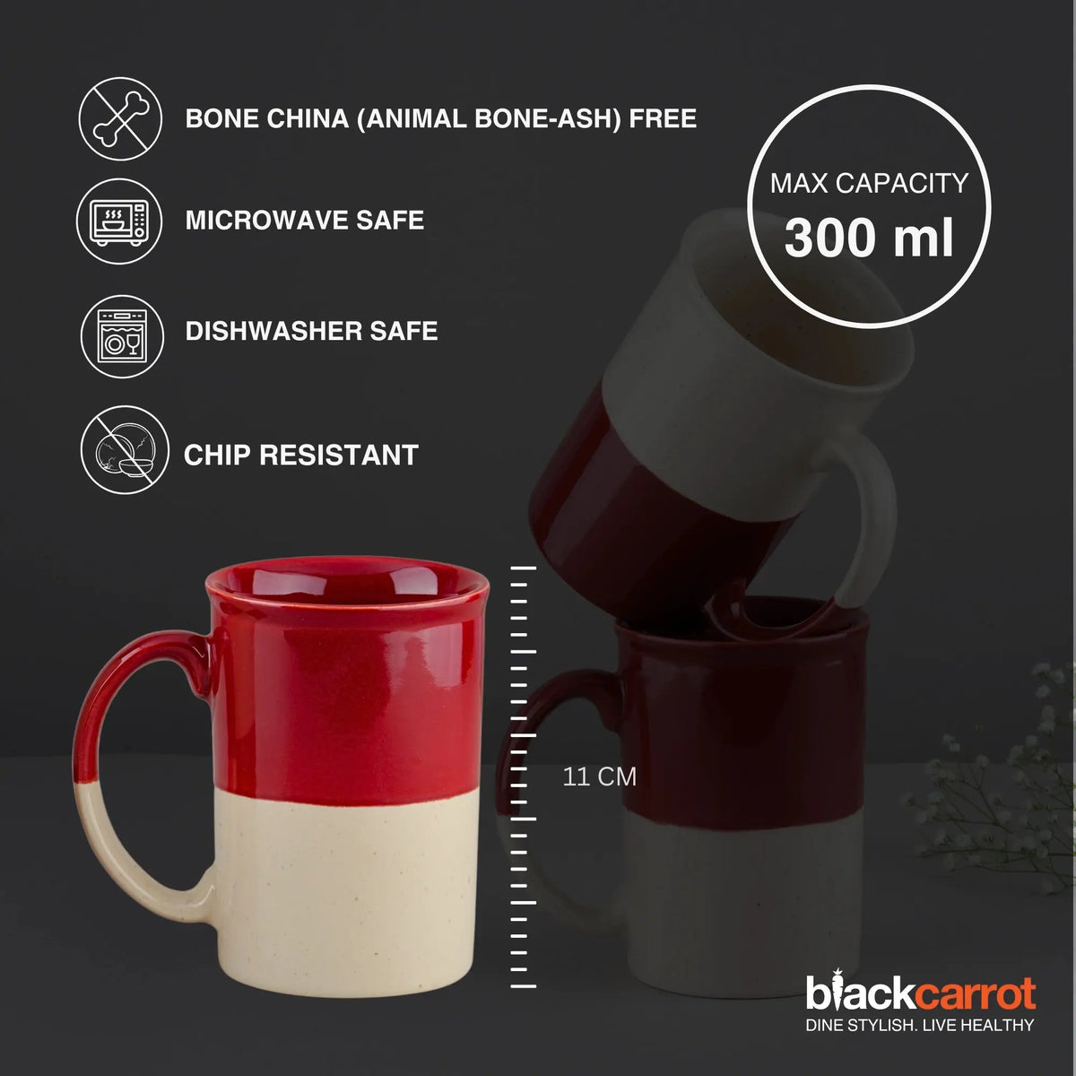 Black Carrot Ceramic Coffee Mugs, Tall Mug Set of 2, Red & White, 300ml Glossy Finish BlackCarrot