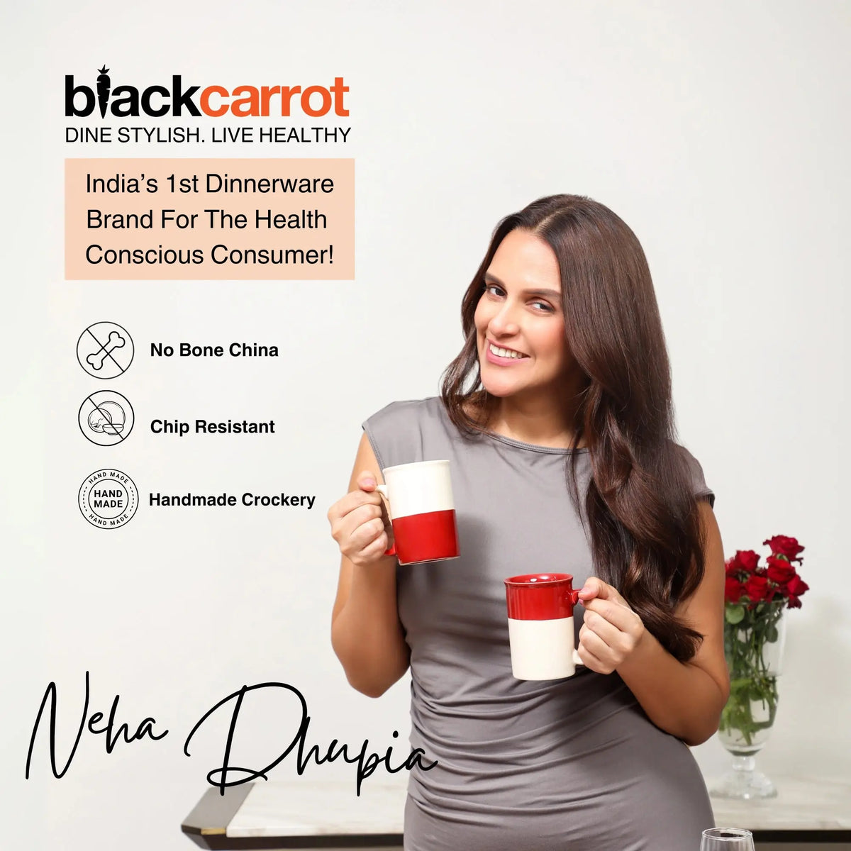 Black Carrot Ceramic Coffee Mugs, Tall Mug Set of 2, Red & White, 300ml Glossy Finish BlackCarrot