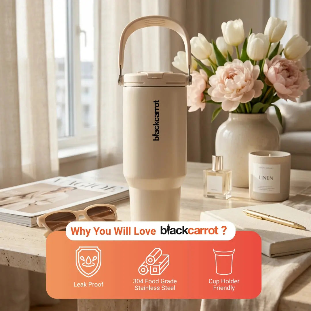 BlackCarrot DualSip Cream 1.2 Litres Insulated Stainless Steel Tumbler 304 Grade, Handle & Straw - BlackCarrot