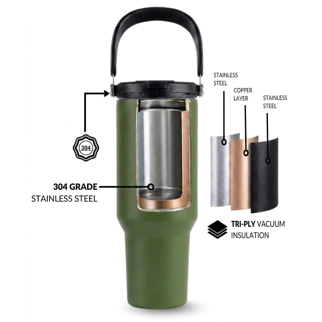 BlackCarrot DualSip Olive Green 1.2 Litres Insulated Stainless Steel Tumbler 304 Grade, Handle & Straw (Copy)