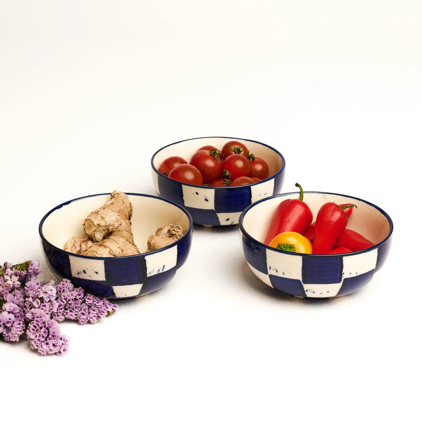 BlackCarrot Premium Handcrafted Stoneware Blue Check Small Bowls Set Of 2 BlackCarrot