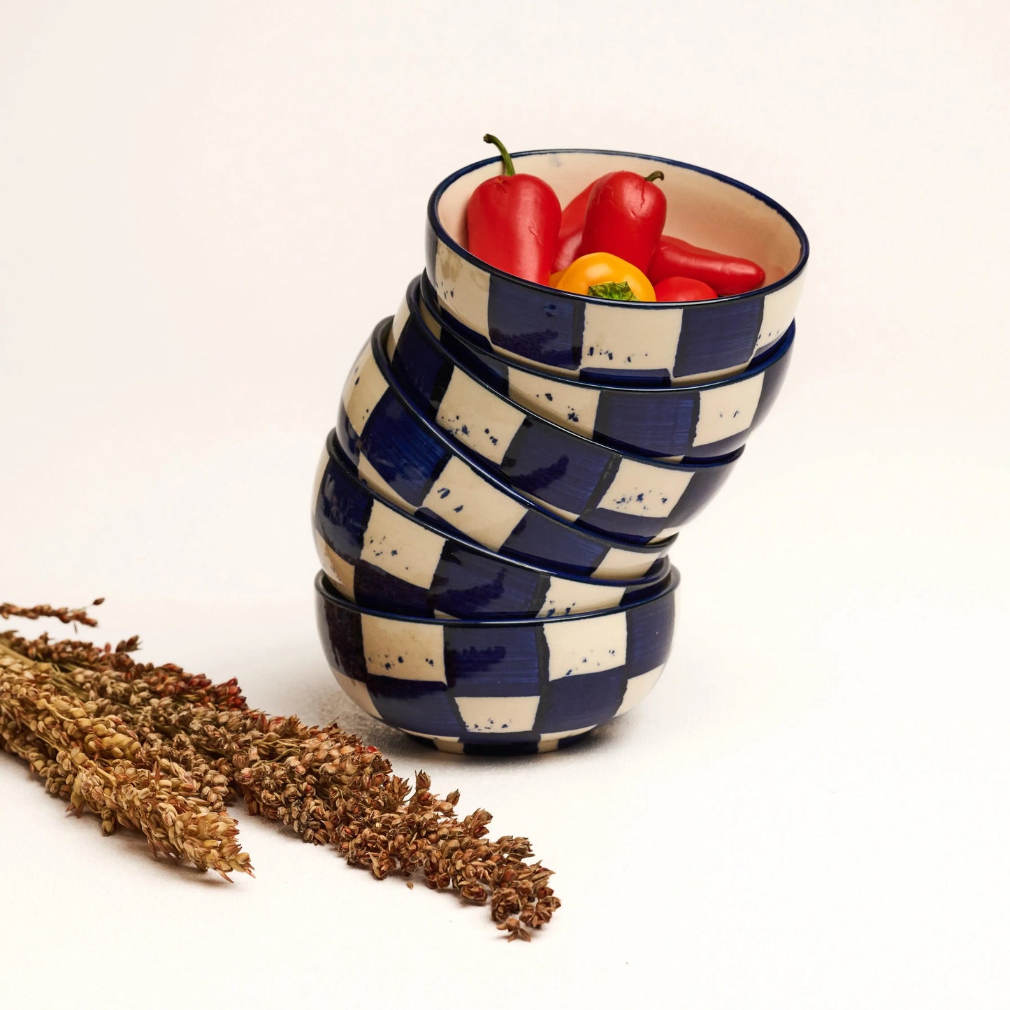 BlackCarrot Premium Handcrafted Stoneware Blue Check Small Bowls Set Of 2 BlackCarrot
