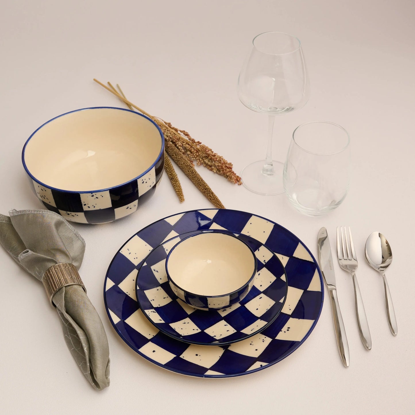 BlackCarrot Premium Handcrafted Stoneware Blue Check Small Bowls Set Of 2 BlackCarrot