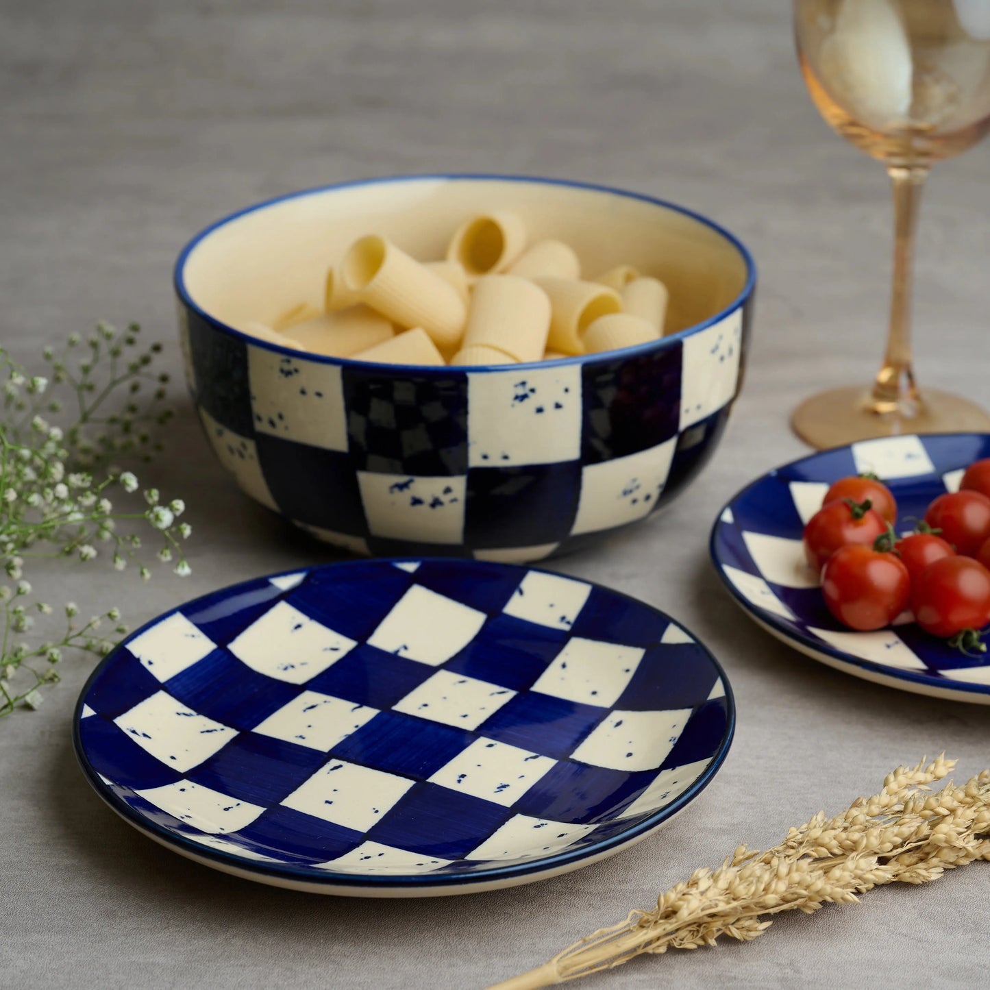 BlackCarrot Premium Stoneware Blue Check Serving Bowl – Bold Contemporary Design BlackCarrot