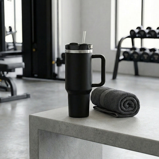 BlackCarrot-black-tumbler-with-blackcarrot-straw-and-blackcarrot-towel-on-blackcarrot-modern-gym-countertop-for-blackcarrot-active-lifestyle.
