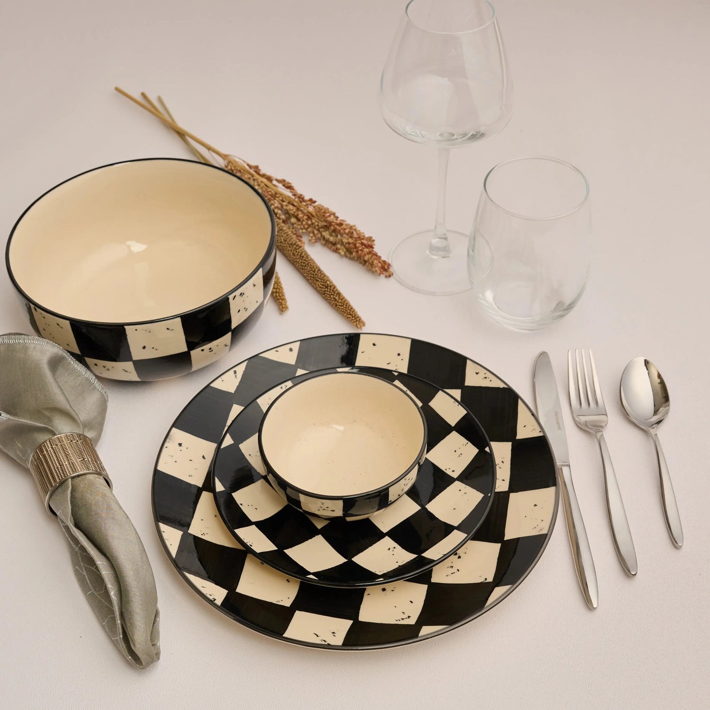 Premium Stoneware Black Check Small Bowls Set Of 2 BlackCarrot