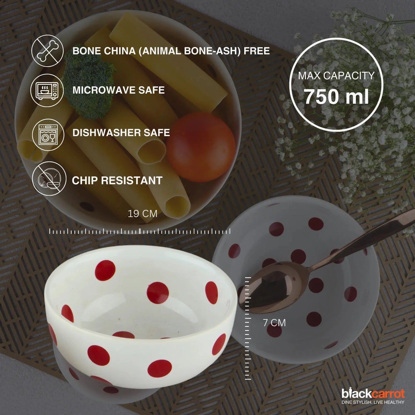Premium White Polka Ceramic Snack Bowl Set of 2 BlackCarrot