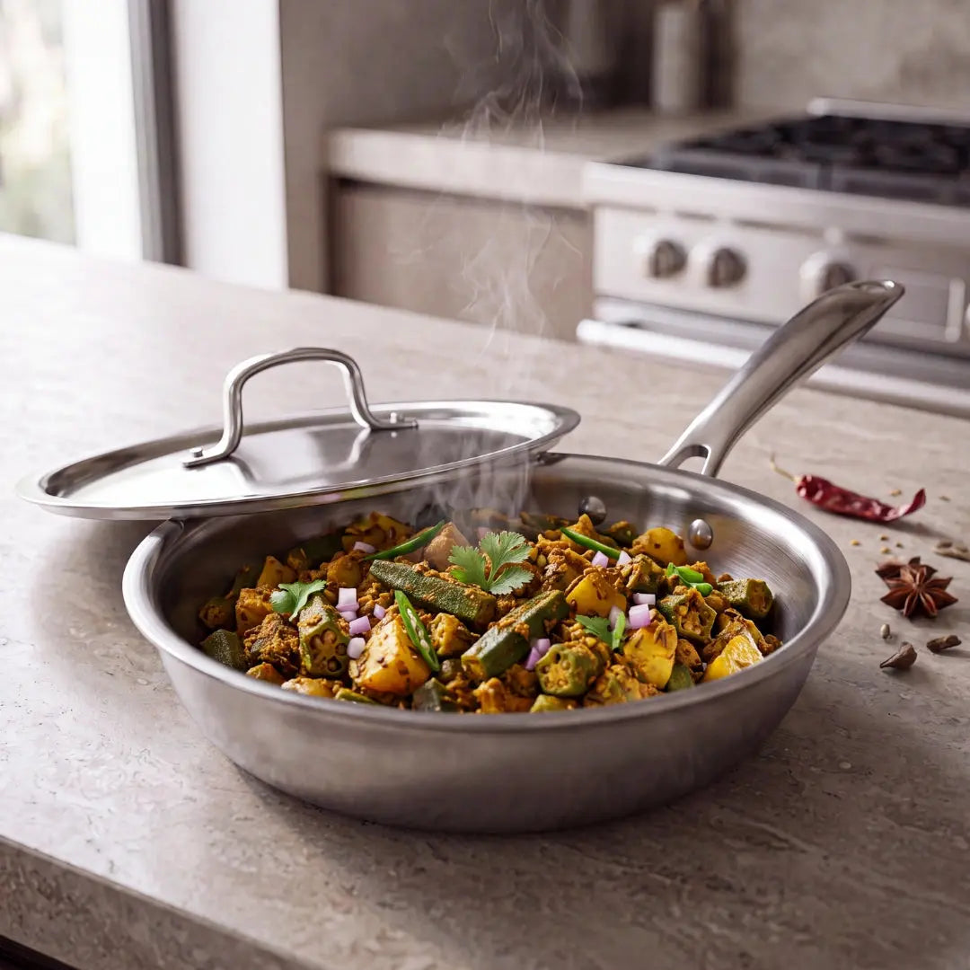 BlackCarrot Triply Fry Pan (1.3 L) with Stainless Steel Lid – Premium Stainless Steel Cookware - BlackCarrot
