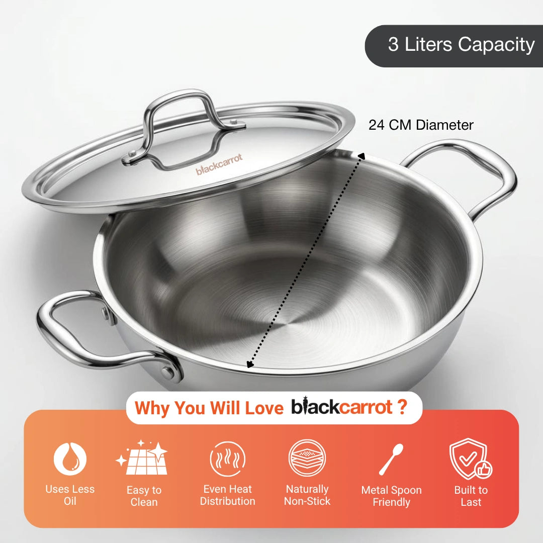 BlackCarrot PureCook TriPly Stainless Steel (3 L) Kadhai with Stainless Steel Lid