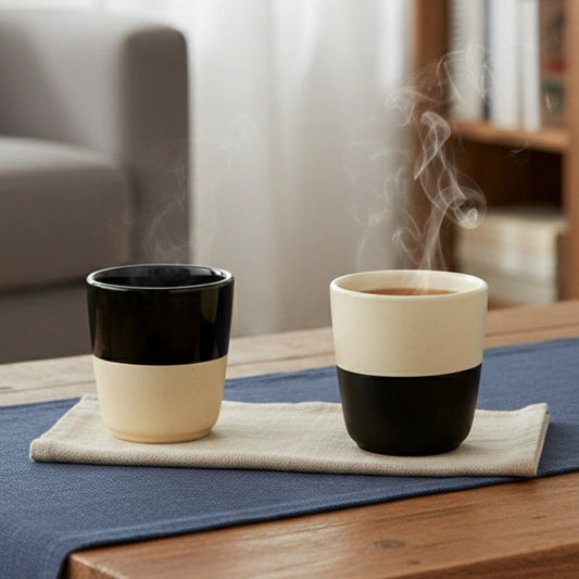 Ceramic Black and White Cup (Kulhad) Set of 6 | Glossy Finish BlackCarrot