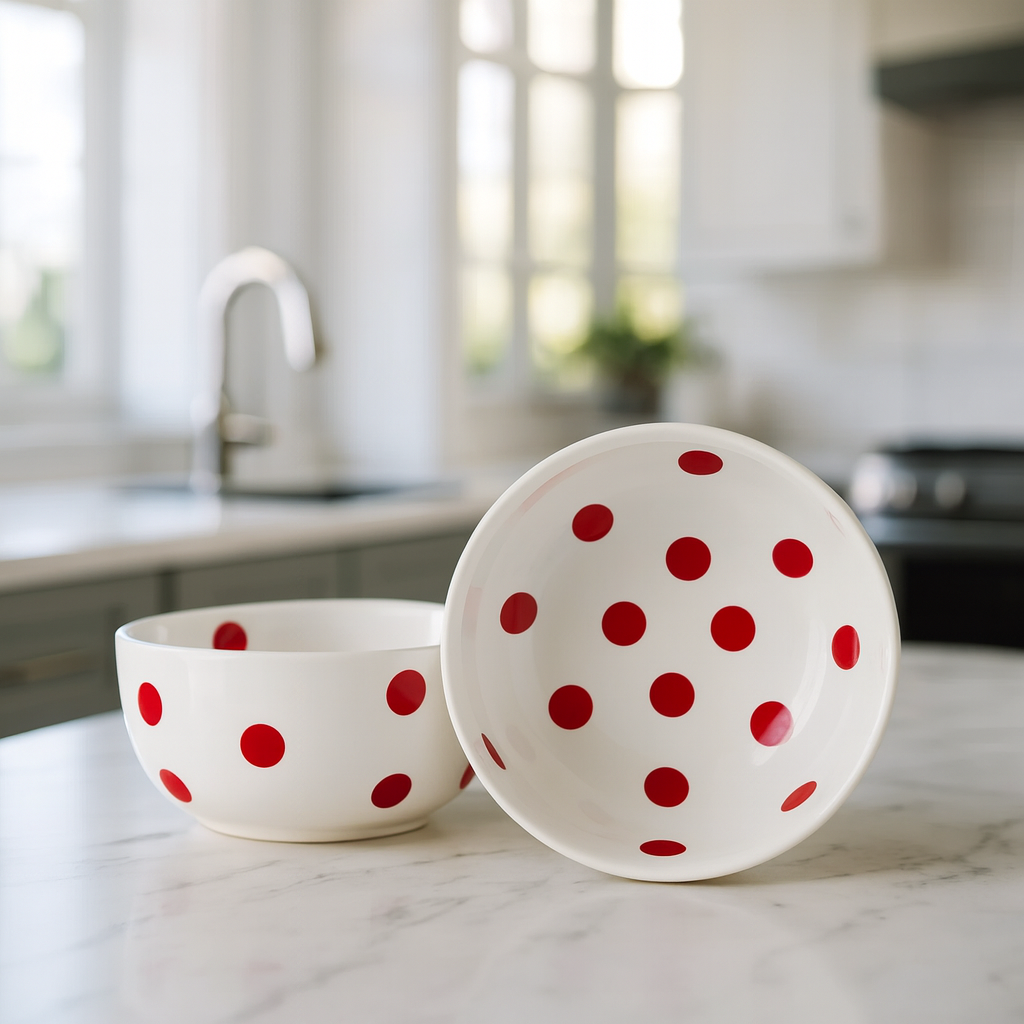 Premium White Polka Ceramic Snack Bowl Set of 2 BlackCarrot