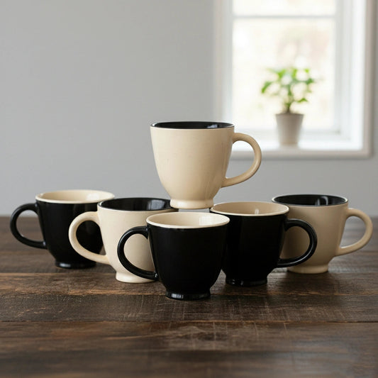 Ceramic Coffee Cup Set | Black & White | Set of 6 | 150ml | Glossy Finish BlackCarrot