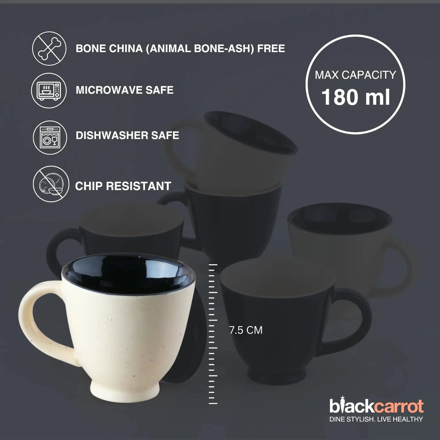 BlackCarrot Premium Black & White Ceramic Tea Cup Set of 6 BlackCarrot