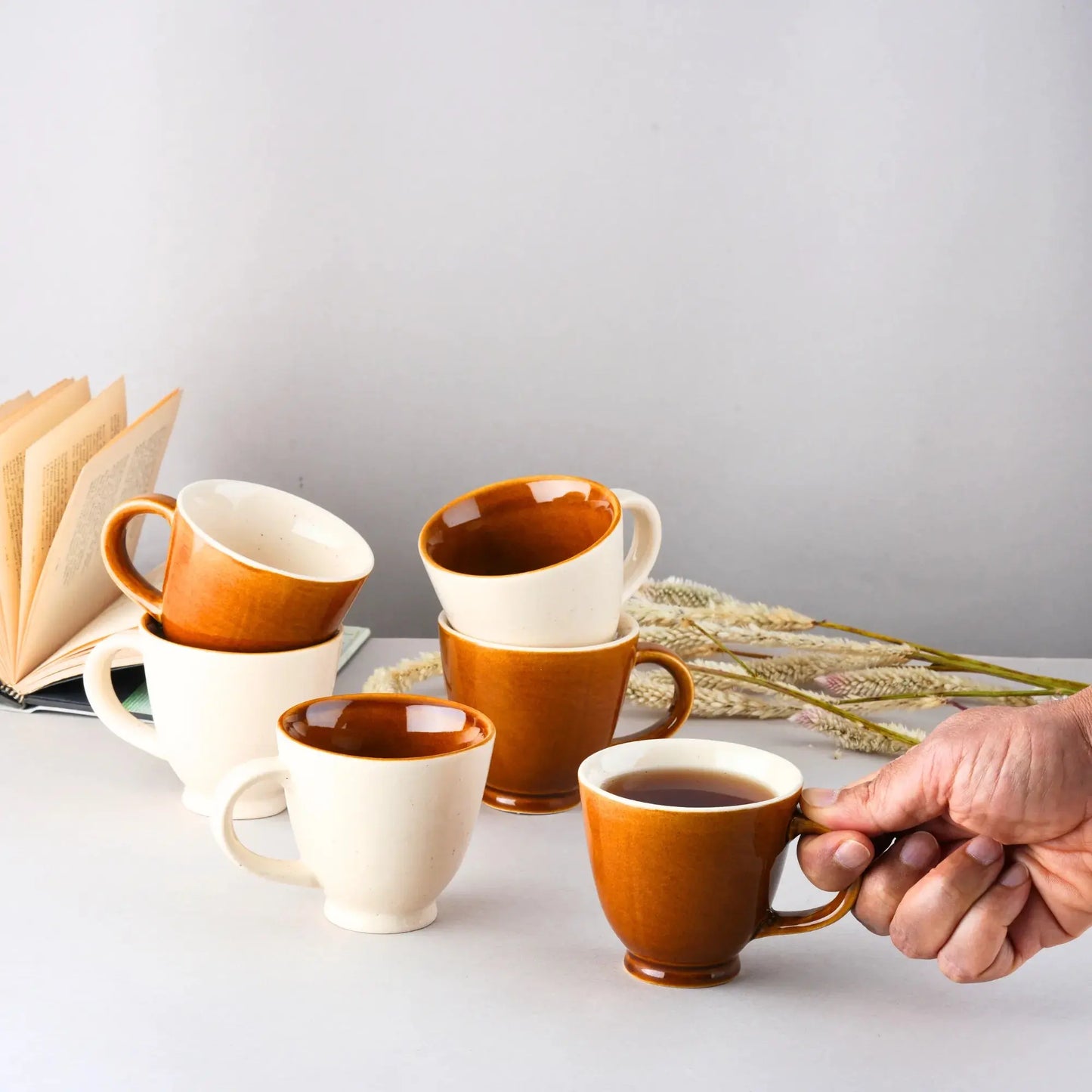 BlackCarrot Premium Brown & White Ceramic Tea Cup Set of 6 BlackCarrot