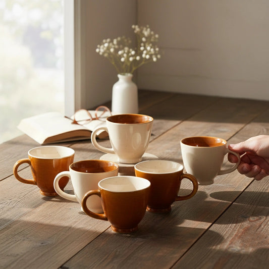 Ceramic Coffee Cup Set | Brown & White | Set of 6 | 150ml | Glossy Finish BlackCarrot