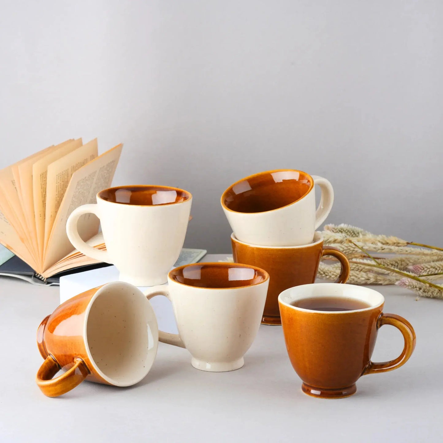 BlackCarrot Premium Brown & White Ceramic Tea Cup Set of 6 BlackCarrot