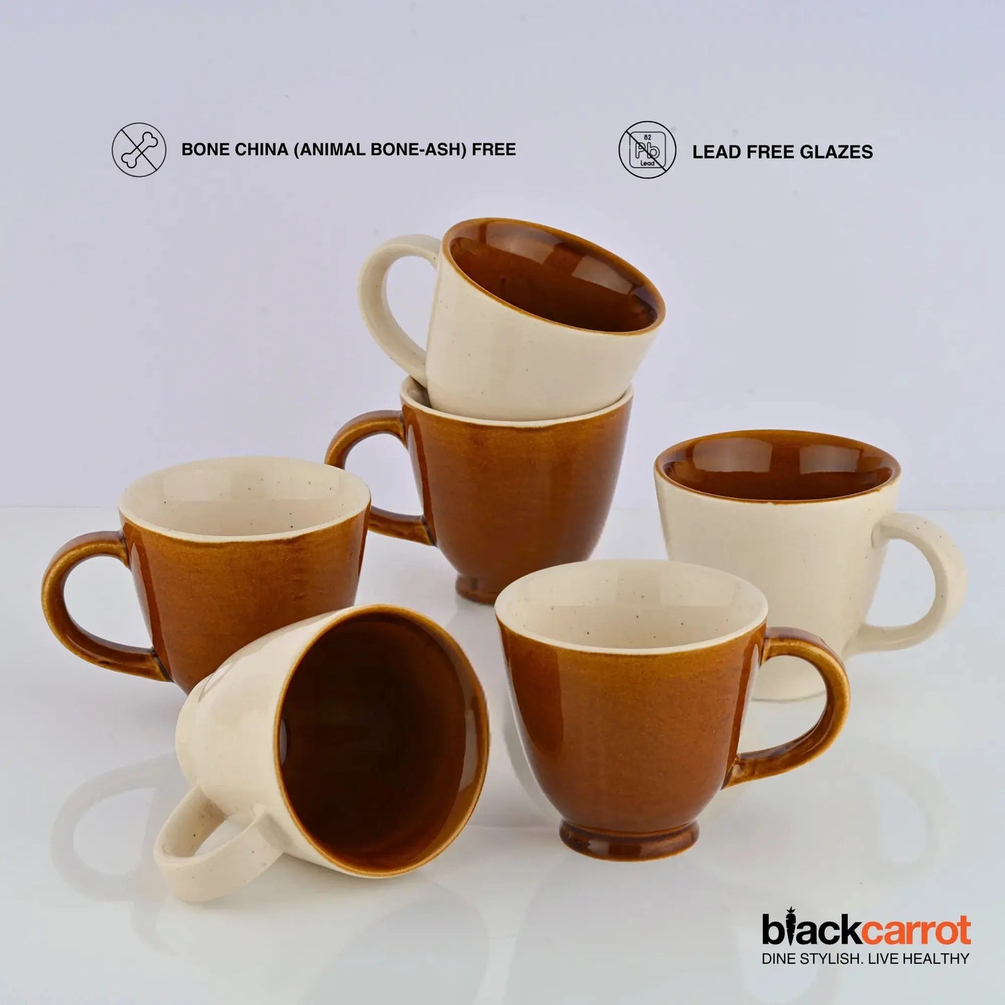 BlackCarrot Premium Brown & White Ceramic Tea Cup Set of 6 BlackCarrot