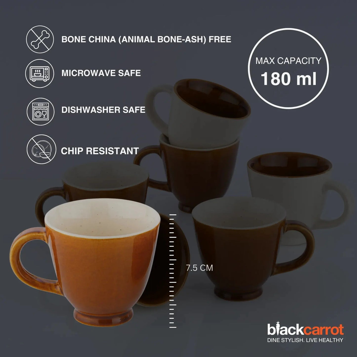 BlackCarrot Premium Brown & White Ceramic Tea Cup Set of 6 BlackCarrot