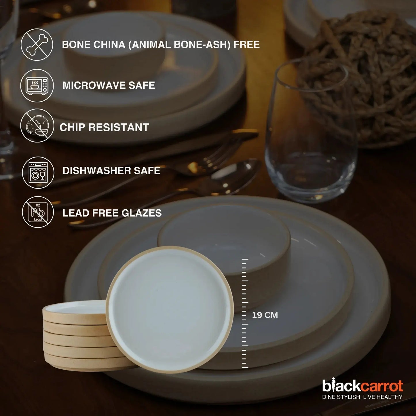 BlackCarrot's Stoneware Premium Beige & White Quarter Plates (Set of 6) BlackCarrot