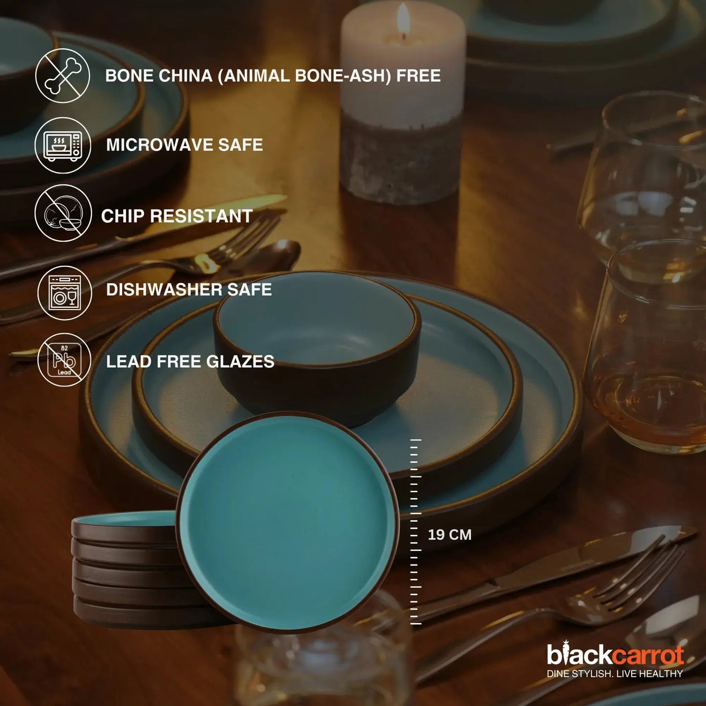 BlackCarrot's Stoneware Premium Brown & Blue Quarter Plates (Set of 6) BlackCarrot