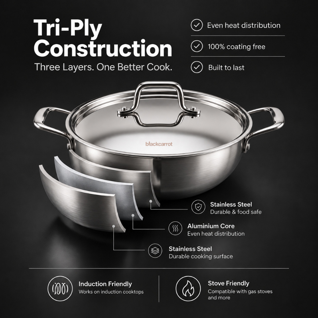 BlackCarrot triply stainless steel kadhai showing its three-layer construction