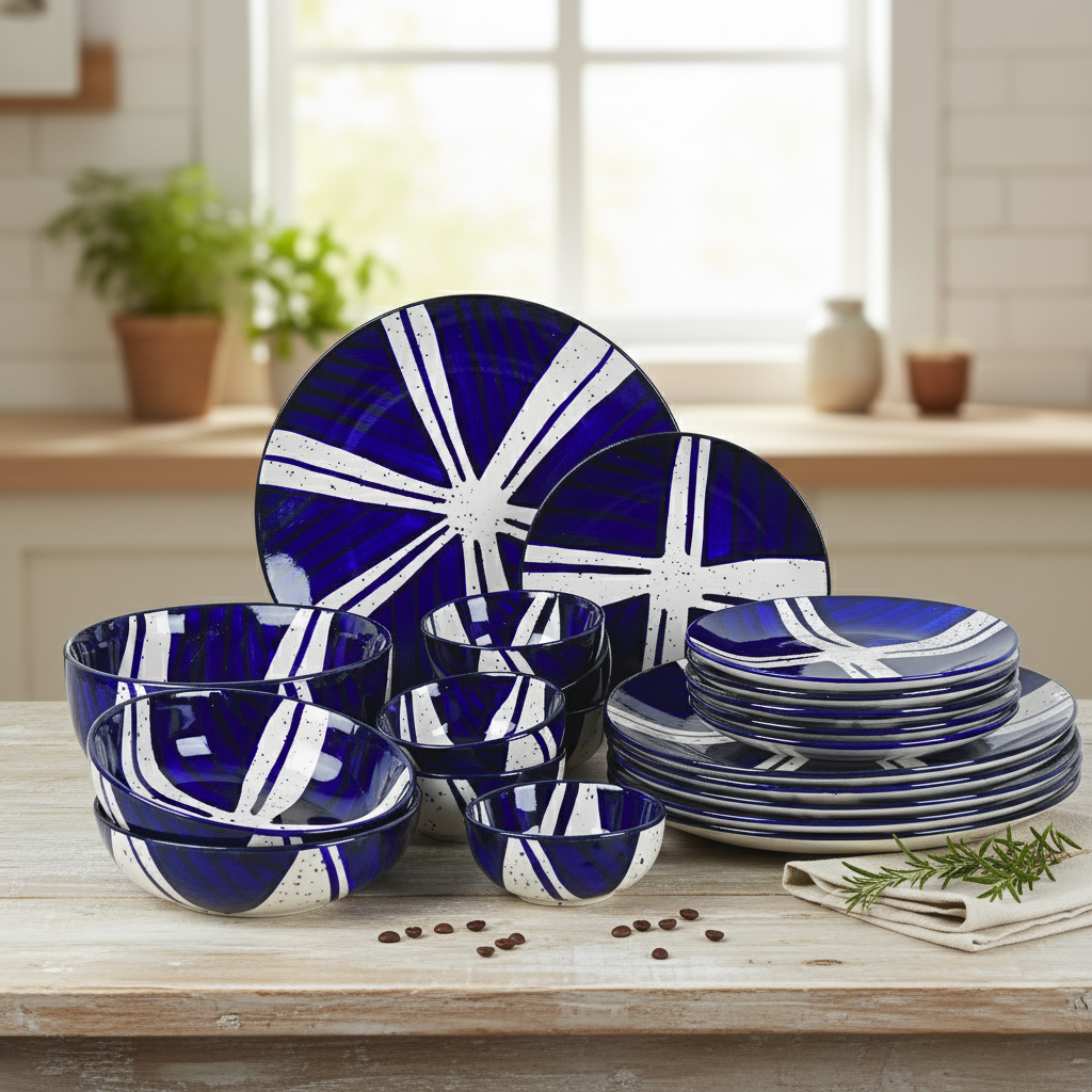 21 Piece Ceramic Dinner Set | Premium Blue Splash Stoneware BlackCarrot