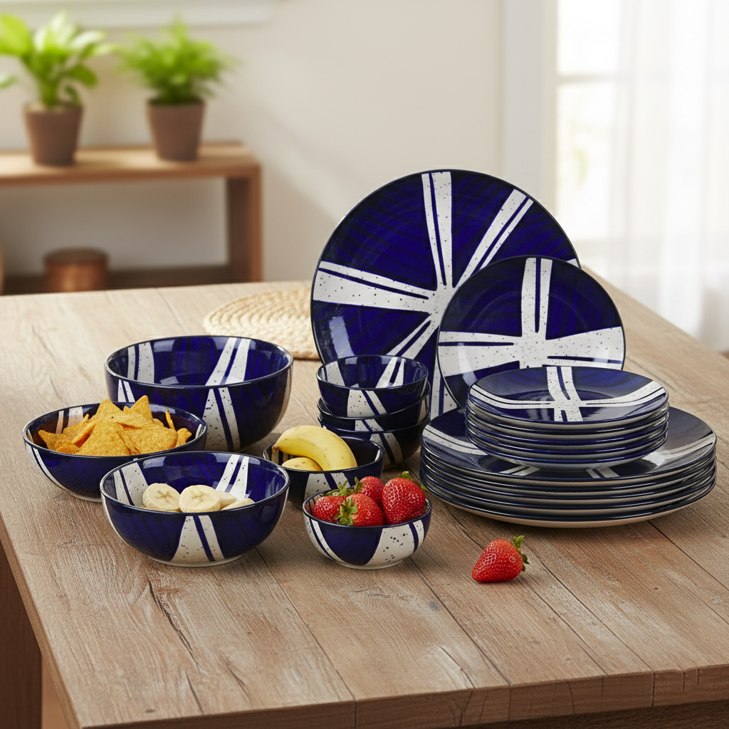 21 Piece Ceramic Dinner Set | Premium Blue Splash Stoneware BlackCarrot