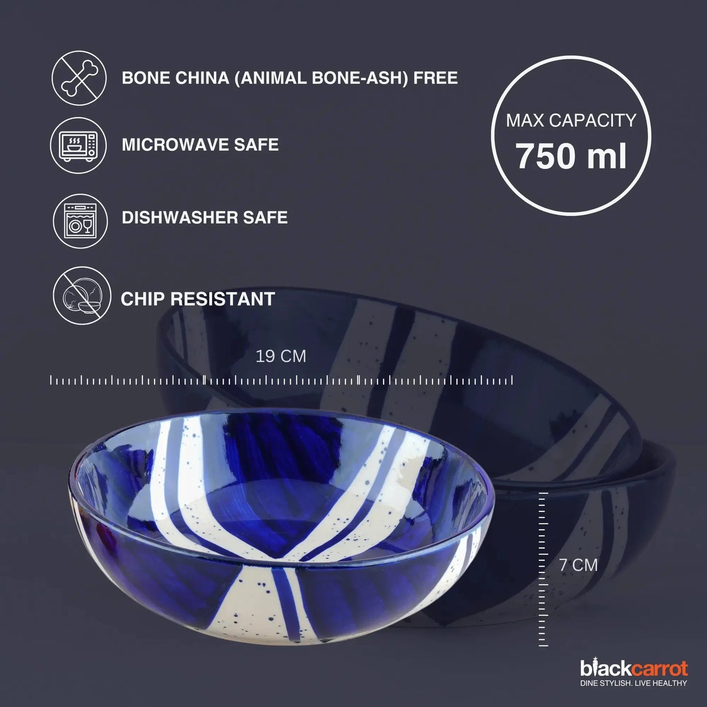 Premium Blue Splash Ceramic Snack Bowl Set of 2 BlackCarrot